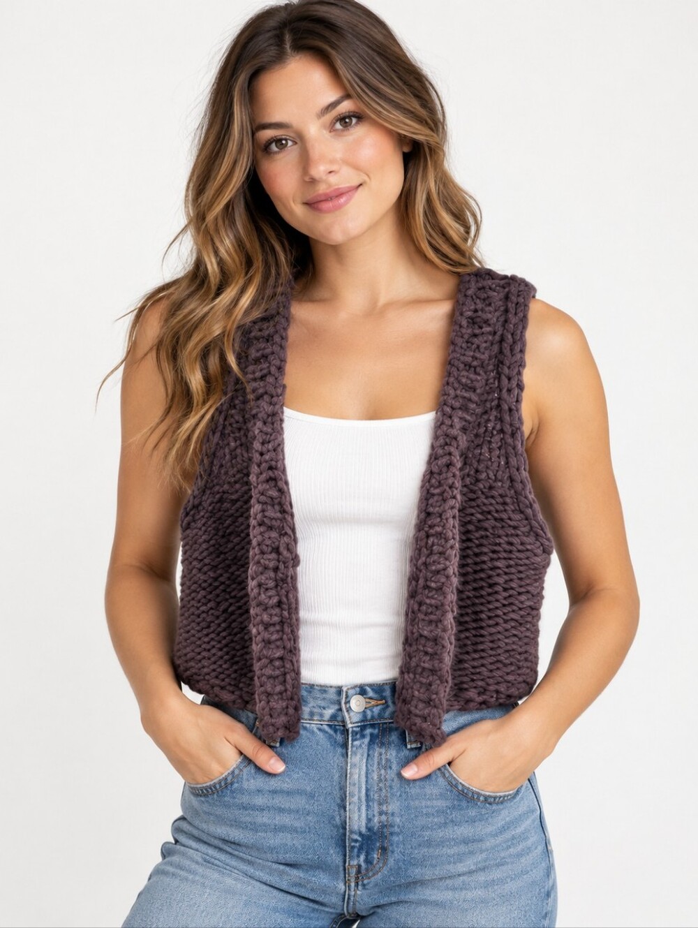 Wearing Your Heart On Your Sleeve Chunky Knit Wool Blend Vest Purple Open Front